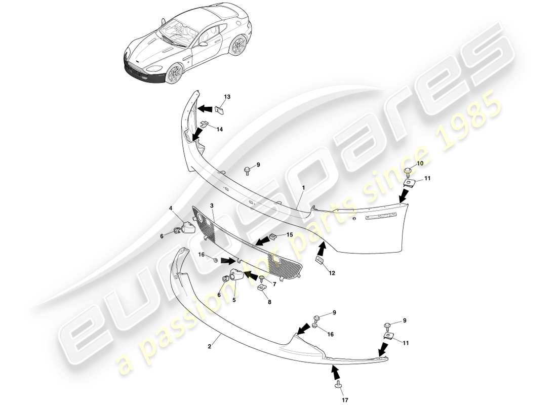aston martin v8 vantage (2005) pare-chocs avant, 12.25my sur et v8s diagramme de pièce