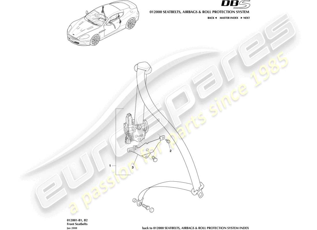 aston martin dbs (2008) ceintures de sécurité avant schéma des pièces