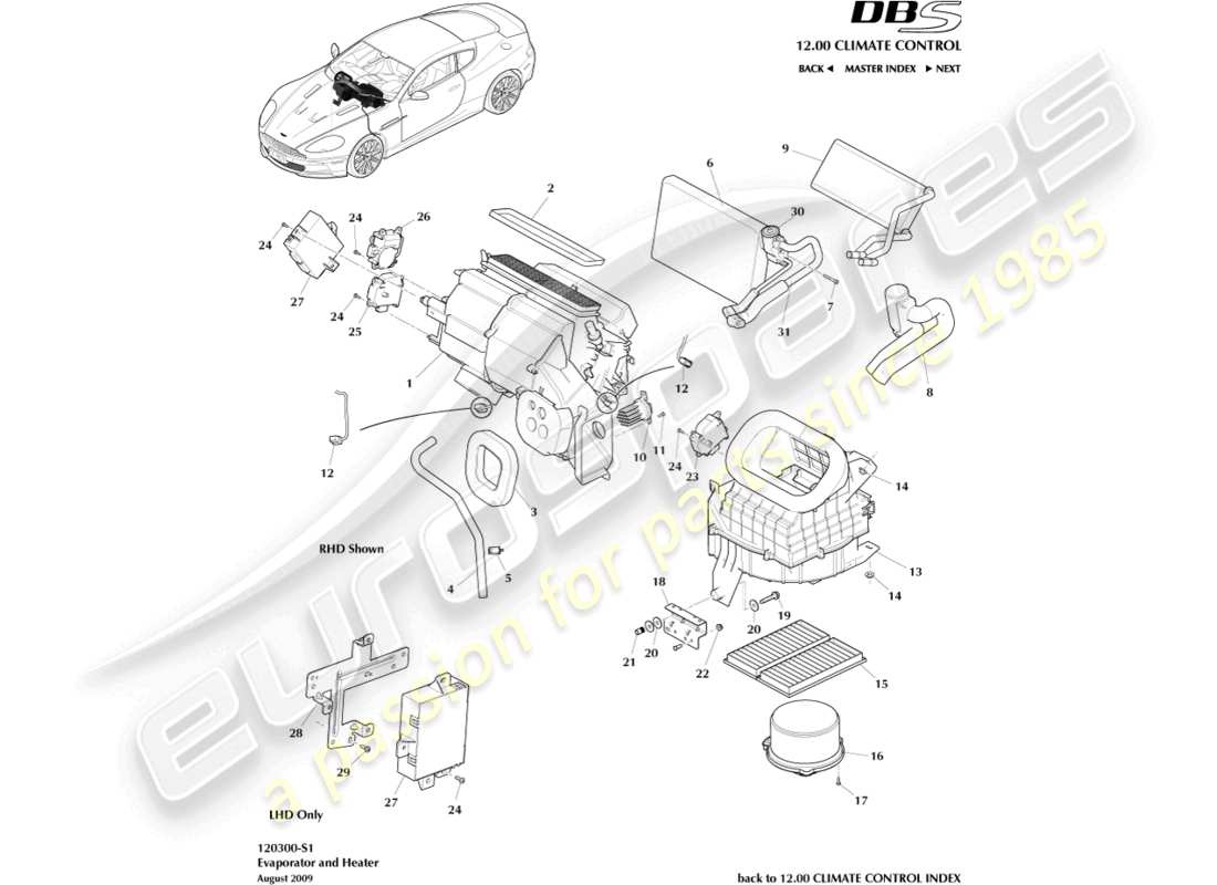aston martin dbs (2012) schéma des pièces de l'évaporateur et du chauffage