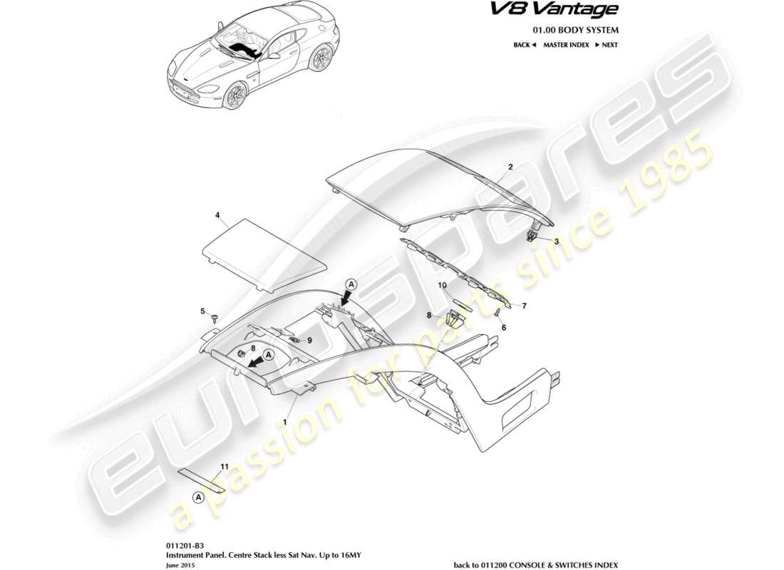 aston martin v8 vantage (2010) colonne centrale, moins la navigation par satellite vers 16my diagramme de pièces