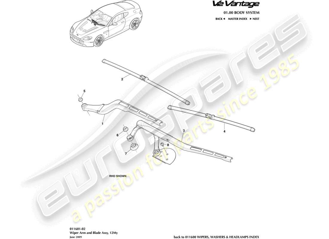 aston martin v12 vantage (2010) ensemble balai d'essuie-glace, 12my diagramme de pièces
