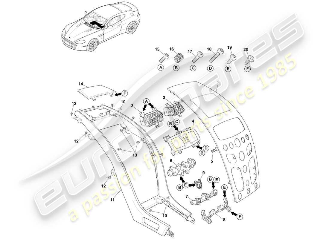 aston martin v8 vantage (2005) colonne centrale, asm, diagramme de pièces 16my