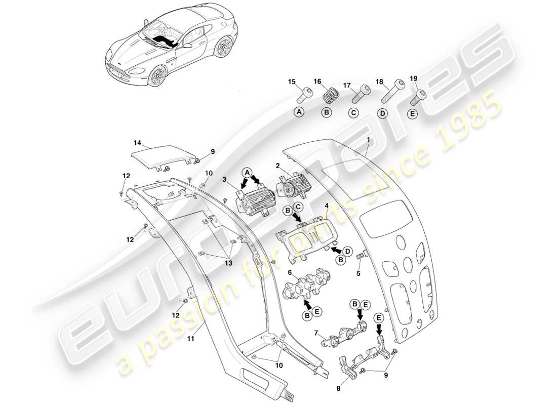 aston martin v8 vantage (2005) colonne centrale, manuel, diagramme de pièces 16my