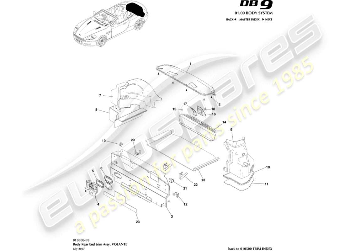 aston martin db9 (2011) garniture d'extrémité arrière, diagramme de pièce volante