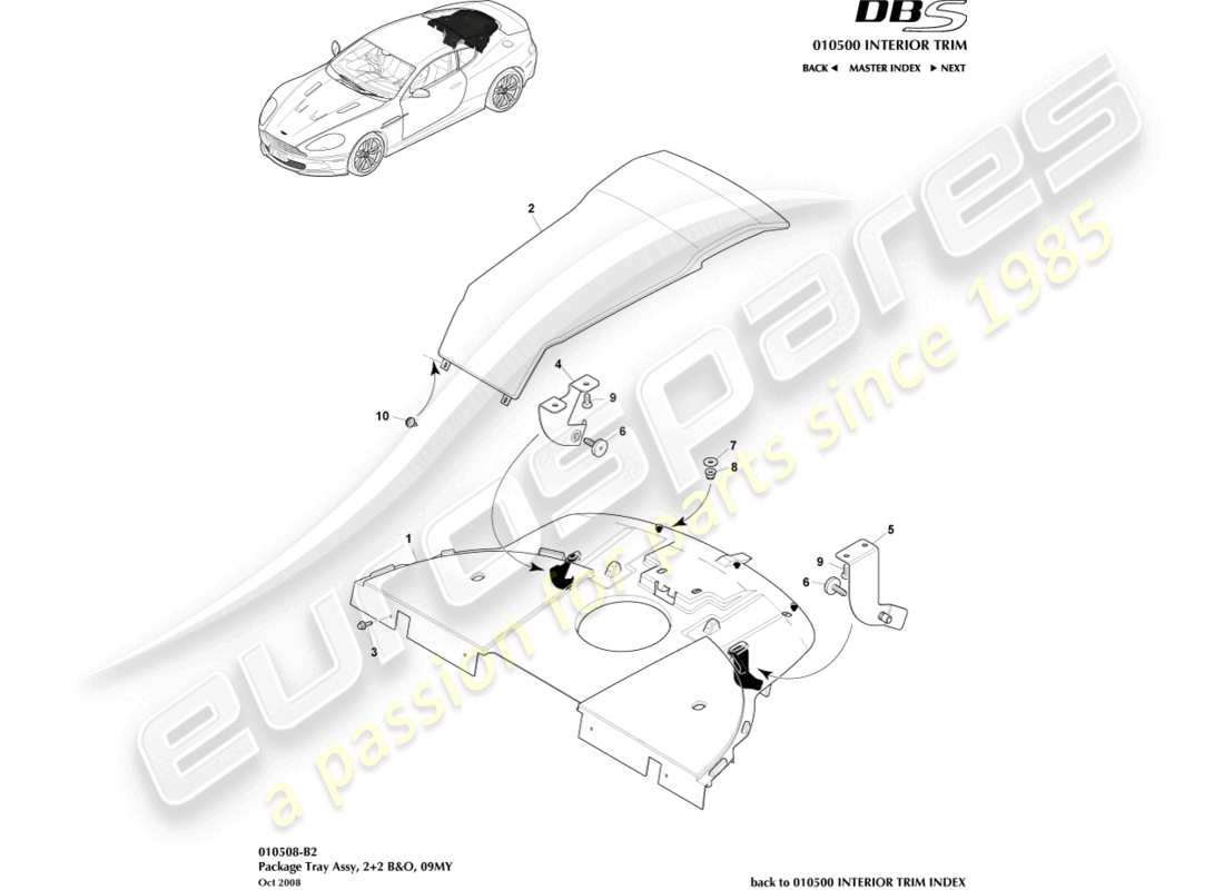 aston martin dbs (2010) assemblage du plateau de colis, 2+2 diagramme de pièces b&o