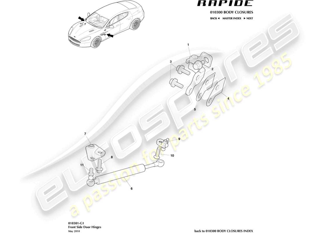 aston martin rapide (2011) schéma des pièces de l'assemblage de charnière de porte avant