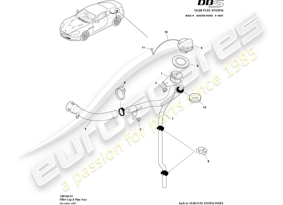 aston martin dbs (2010) bouchon et tuyau de remplissage de carburant, schéma de pièces du coupé
