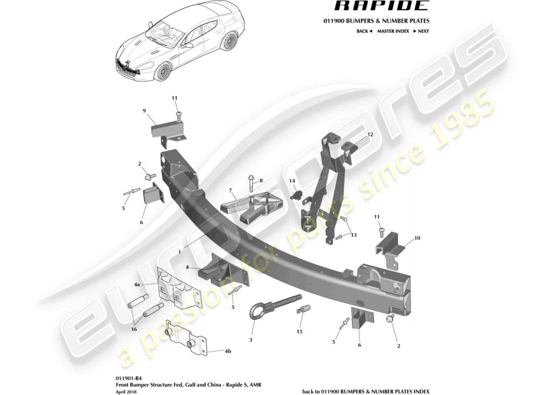 aston martin rapide (2017) structure de pare-chocs avant, s fed, gcc, diagramme de pièces en chine