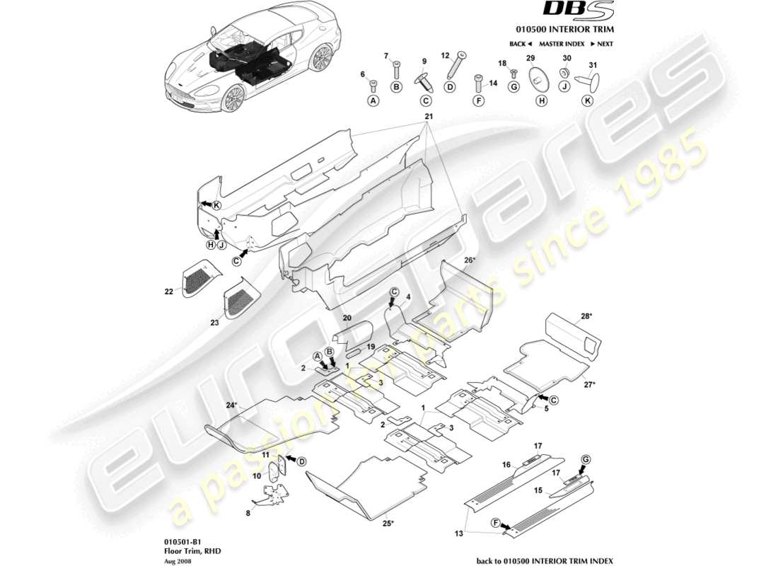 aston martin dbs (2010) garniture de plancher, diagramme de pièce à droite