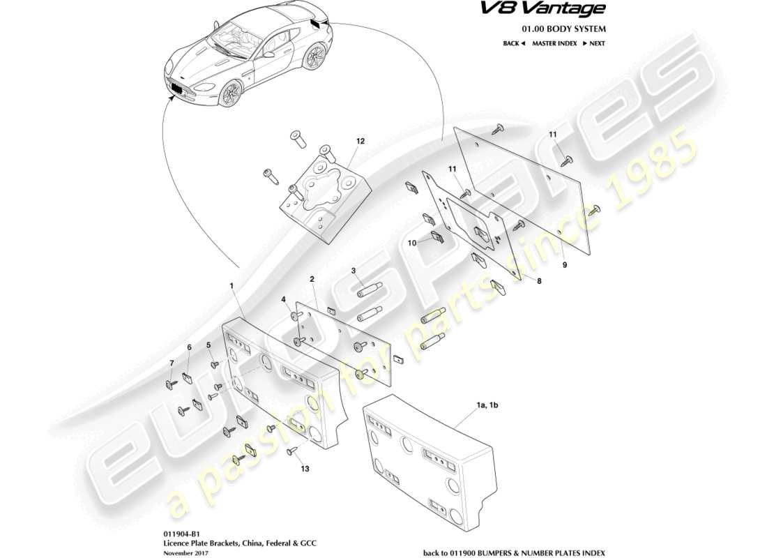 aston martin v8 vantage (2010) supports de plaque d'immatriculation, chine, fed, diagramme de pièce gcc