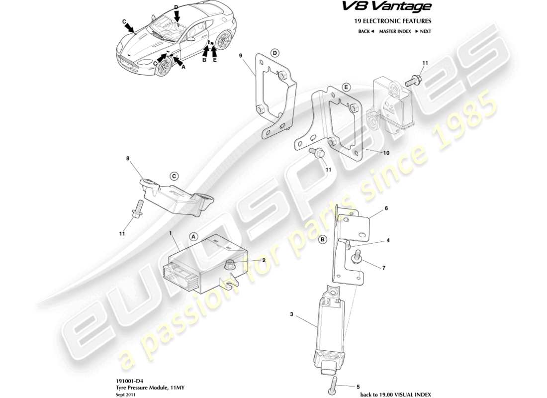 aston martin v8 vantage (2010) module de pression des pneus, 11my schéma des pièces