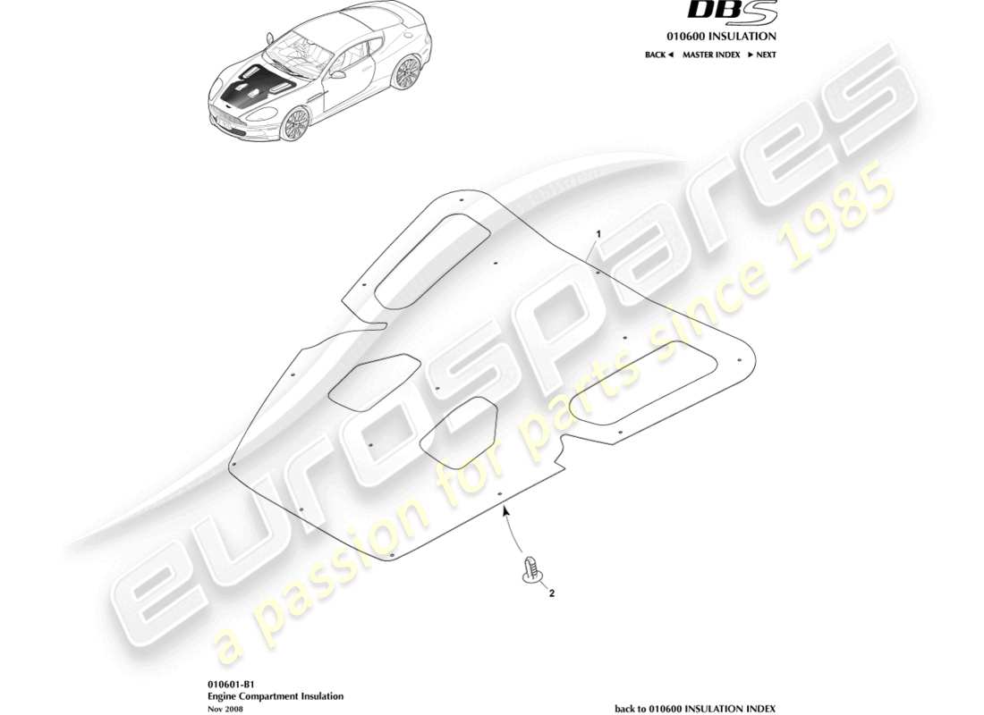 aston martin dbs (2009) isolation phonique, comp. moteur schéma des pièces
