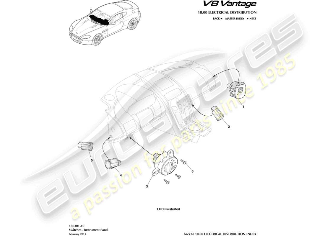 aston martin v8 vantage (2008) commutateurs ip, diagramme de pièces 16my