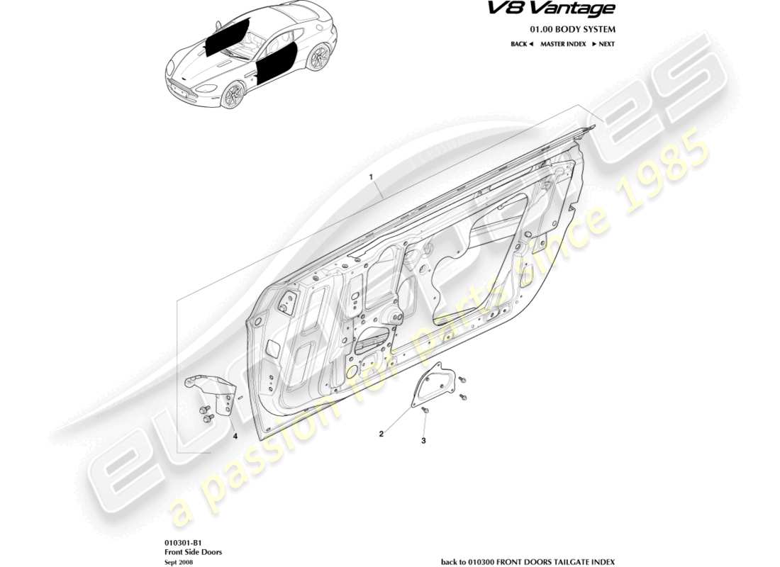 aston martin v8 vantage (2013) schéma des pièces des portes latérales avant