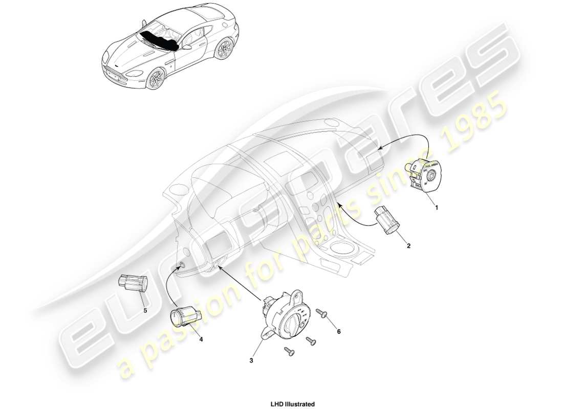aston martin v8 vantage (2005) commutateurs ip, diagramme de pièces 16my