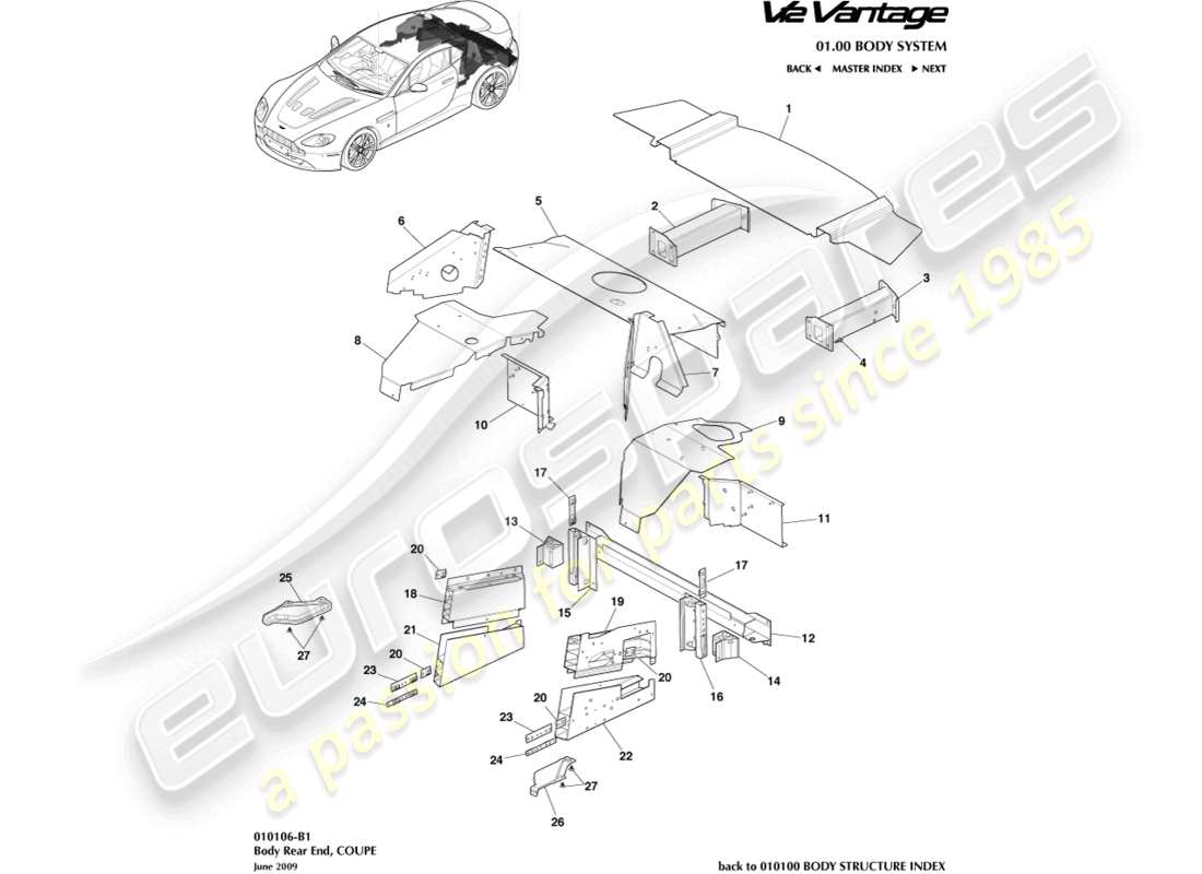 aston martin v12 vantage (2010) partie arrière de la carrosserie, schéma de pièces du coupé