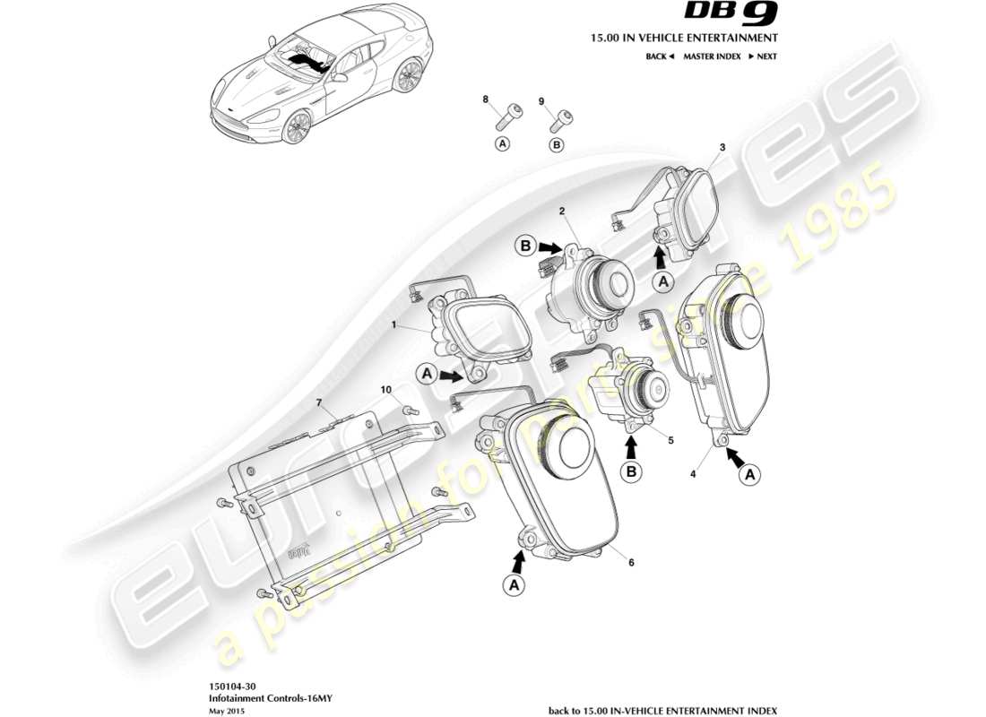 aston martin db9 (2013) commandes d'infodivertissement, diagramme de pièces 16my