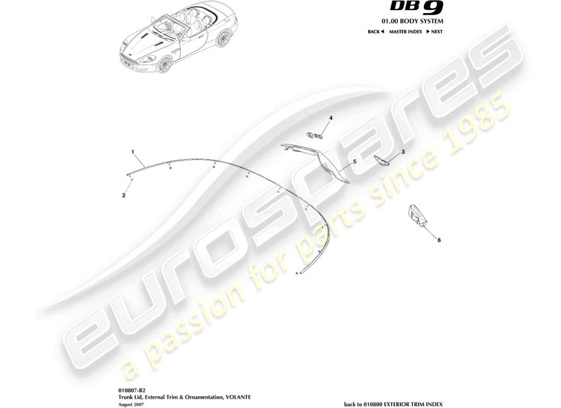 aston martin db9 (2008) garniture de couvercle de coffre, diagramme de pièce volante