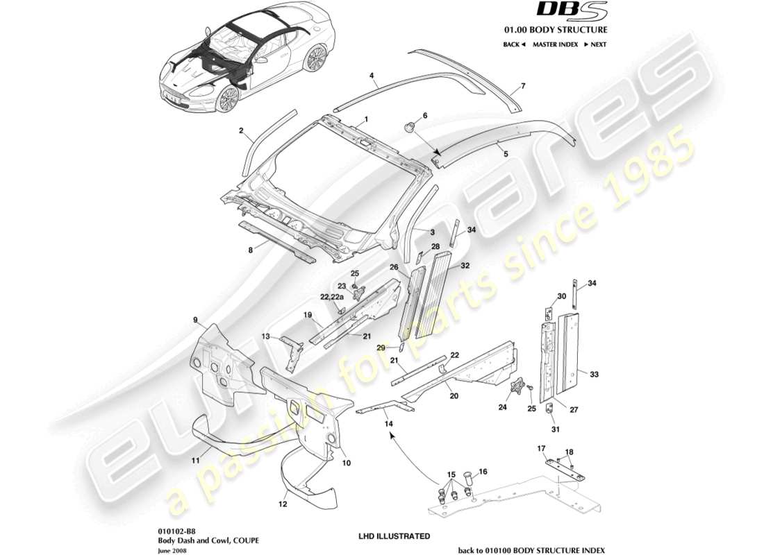 aston martin dbs (2012) tableau de bord et capot de carrosserie, diagramme de pièce du coupé