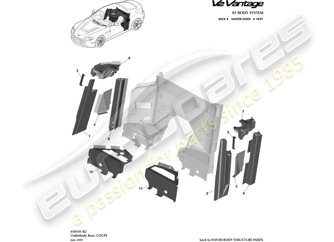 aston martin v12 vantage (2011) schéma des pièces du dessous de caisse arrière, coupé