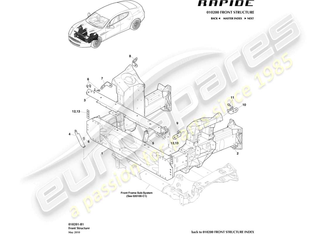 aston martin rapide (2011) diagramme des pièces de la structure avant