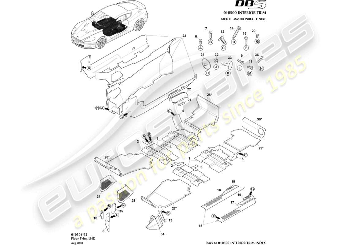 aston martin dbs (2012) garniture de plancher, diagramme de pièces lhd