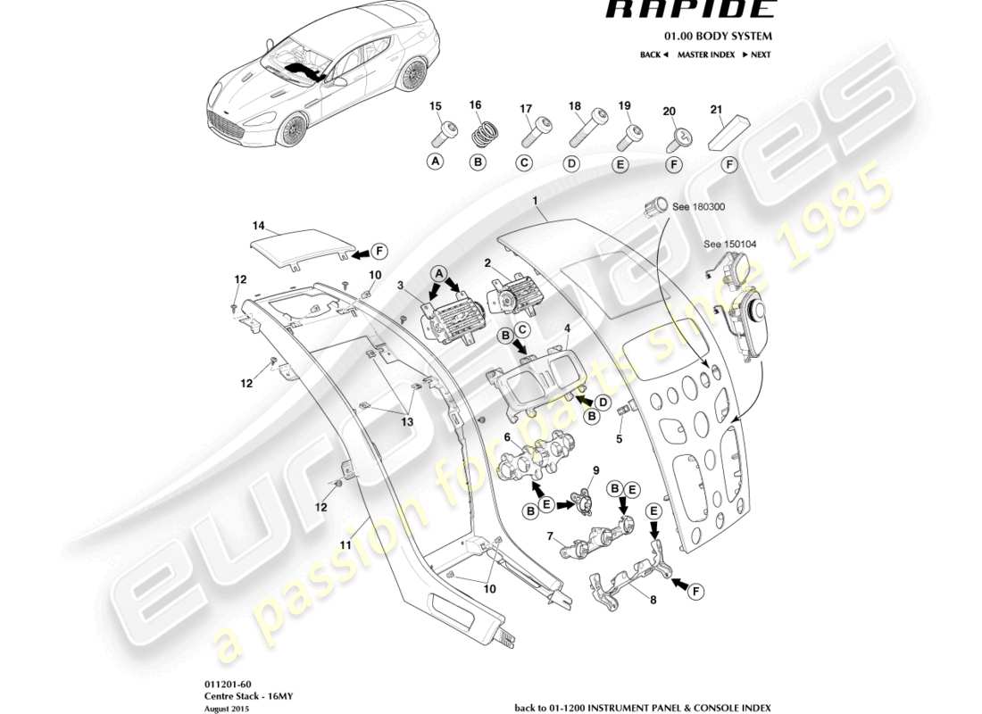 aston martin rapide (2014) panneau de garniture de console centrale, s 16my diagramme de pièce