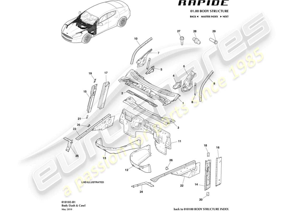 aston martin rapide (2016) diagramme des pièces du tableau de bord et du capot