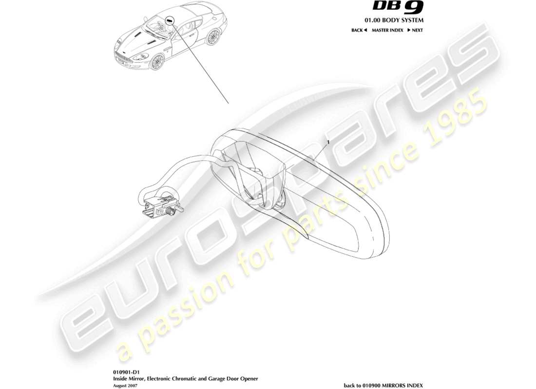 aston martin db9 (2007) rétroviseur intérieur, chromatique, diagramme des pièces gdo