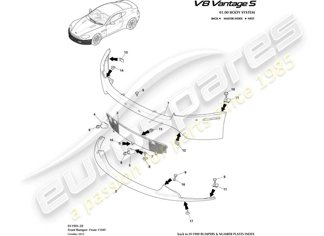aston martin v8 vantage (2008) pare-chocs avant, 12.25my sur et v8s diagramme de pièce