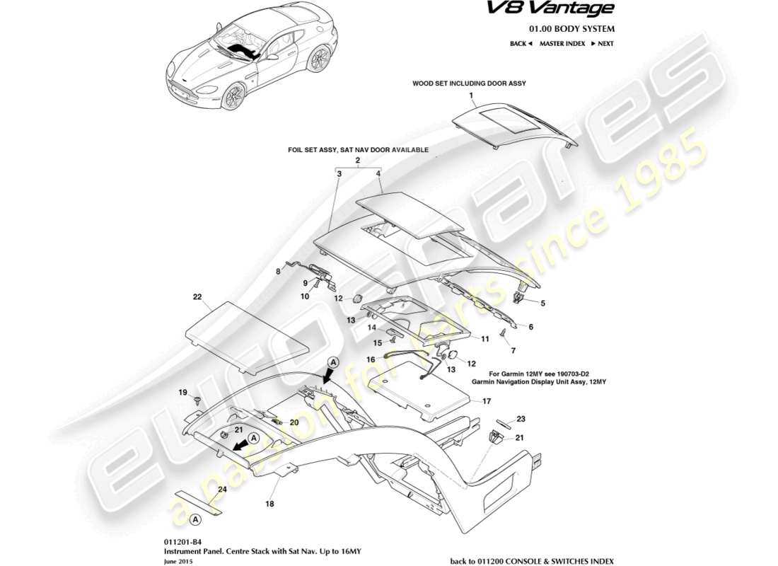 aston martin v8 vantage (2010) colonne centrale, avec navigation par satellite, vers 16my diagramme de pièces