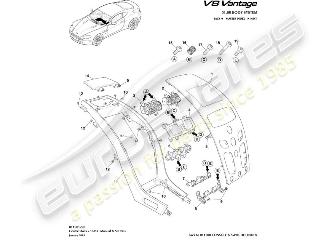 aston martin v8 vantage (2014) colonne centrale, manuel, diagramme de pièces 16my
