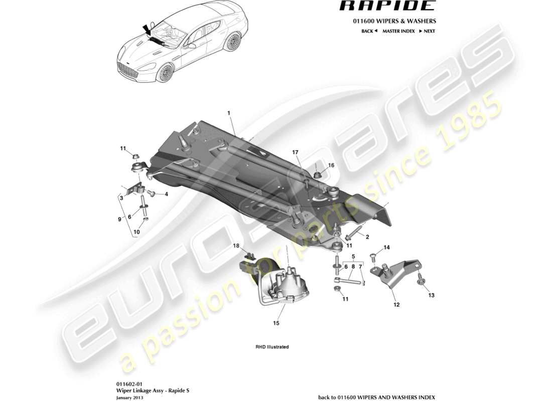 aston martin rapide (2011) tringlerie d'essuie-glace, diagramme des pièces s
