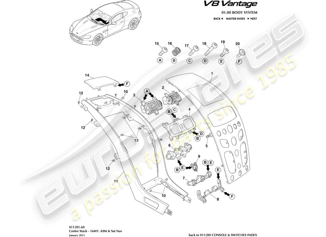 aston martin v8 vantage (2014) colonne centrale, asm, diagramme de pièces 16my
