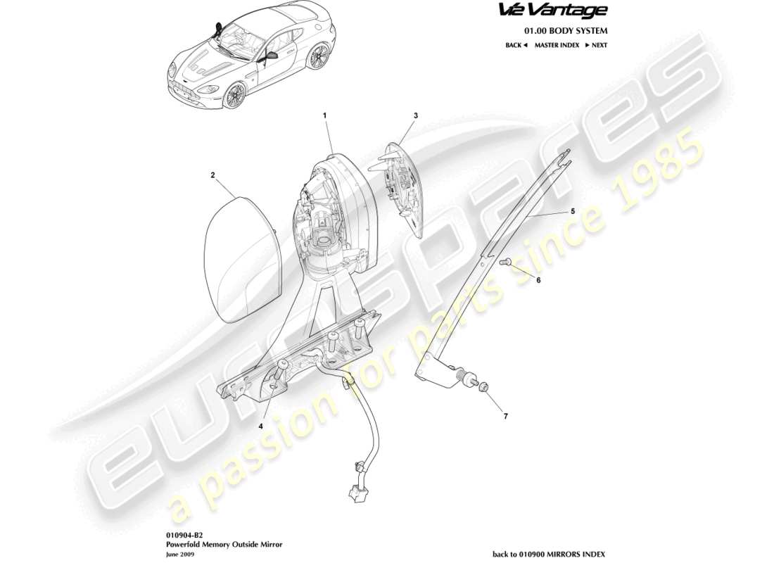 aston martin v12 vantage (2013) schéma des pièces des miroirs powerfold et mémoire