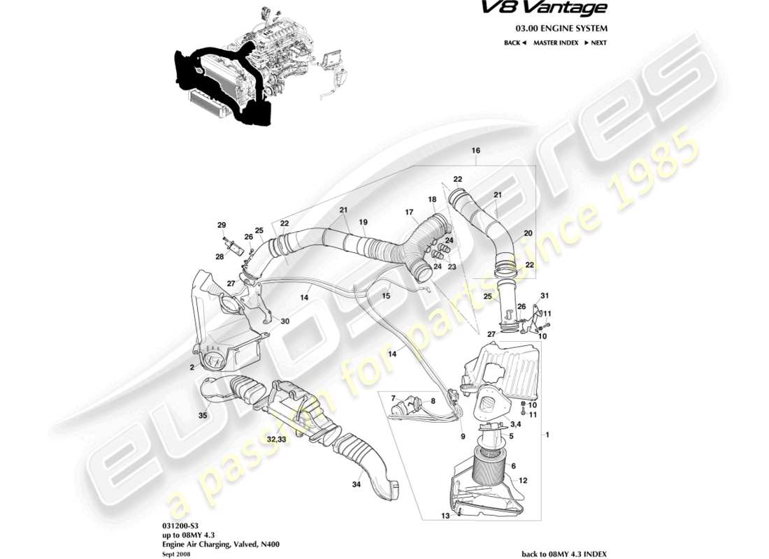 aston martin v8 vantage (2014) chargement d'air, n400 schéma des pièces