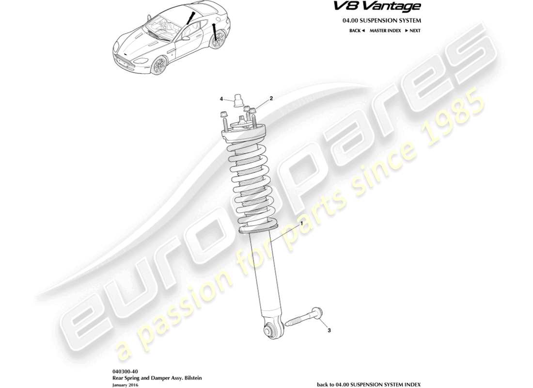 aston martin v8 vantage (2012) ressort et amortisseur arrière, schéma de pièces bilstein