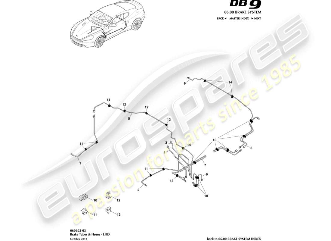 aston martin db9 (2017) conduites et flexibles de frein, diagramme de pièces lhd