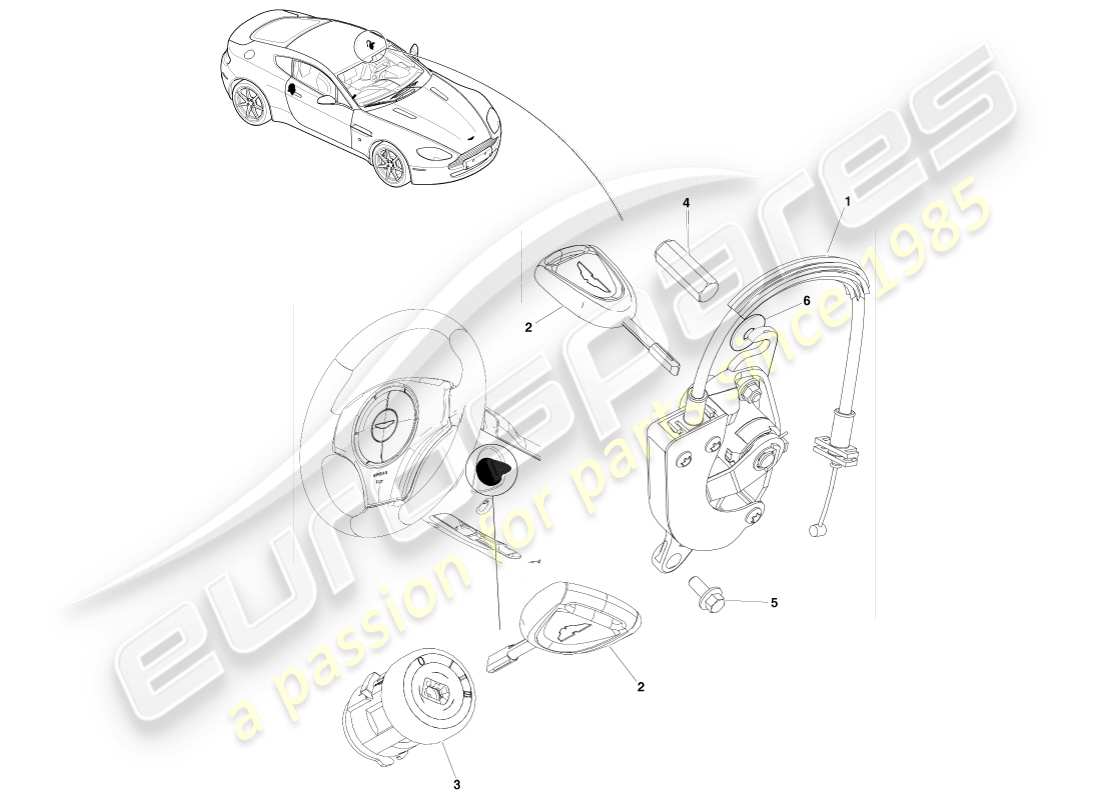 aston martin v8 vantage (2007) ensemble de serrures et clés, diagramme de pièces lhd