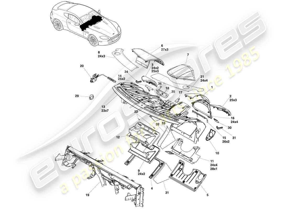 aston martin v8 vantage (2005) tableau de bord, diagramme de pièces lhd