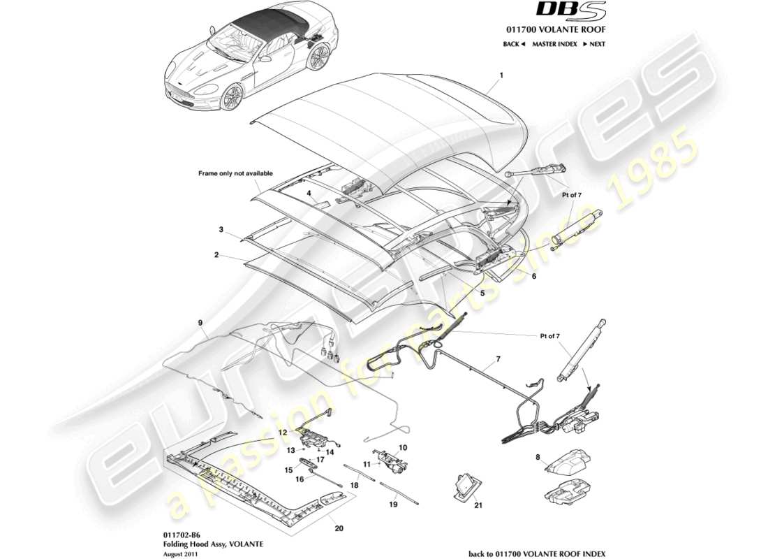aston martin dbs (2010) schéma des pièces de l'assemblage du toit volante