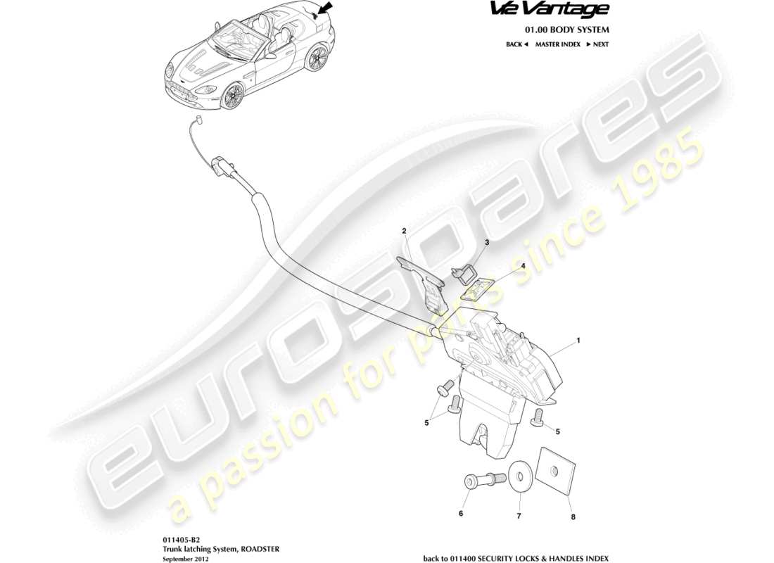 aston martin v12 vantage (2010) système de verrouillage du coffre, schéma des pièces du roadster