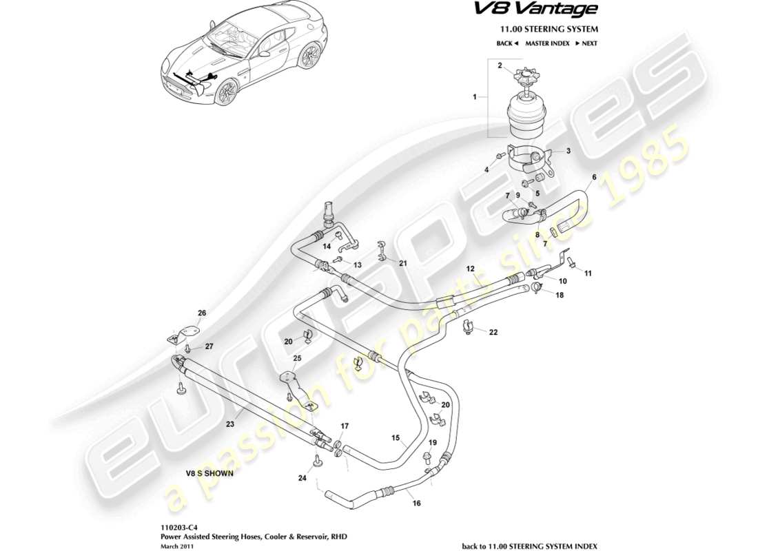 aston martin v8 vantage (2018) refroidisseur, tuyaux et réservoir, diagramme de pièces rhd