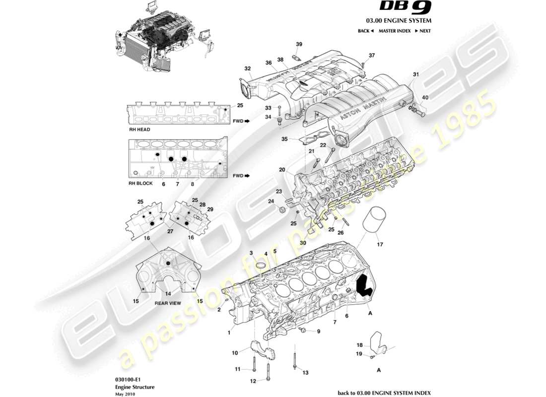 aston martin db9 (2008) diagramme des pièces de la structure du moteur