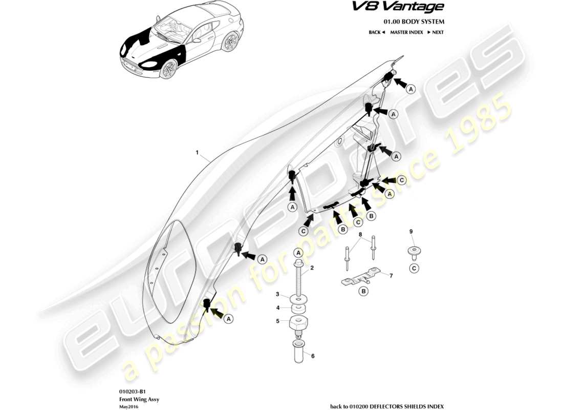 aston martin v8 vantage (2010) schéma des pièces d'assemblage de l'aile avant
