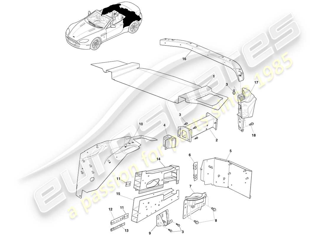 aston martin v8 vantage (2005) partie arrière de la carrosserie, diagramme des pièces du roadster