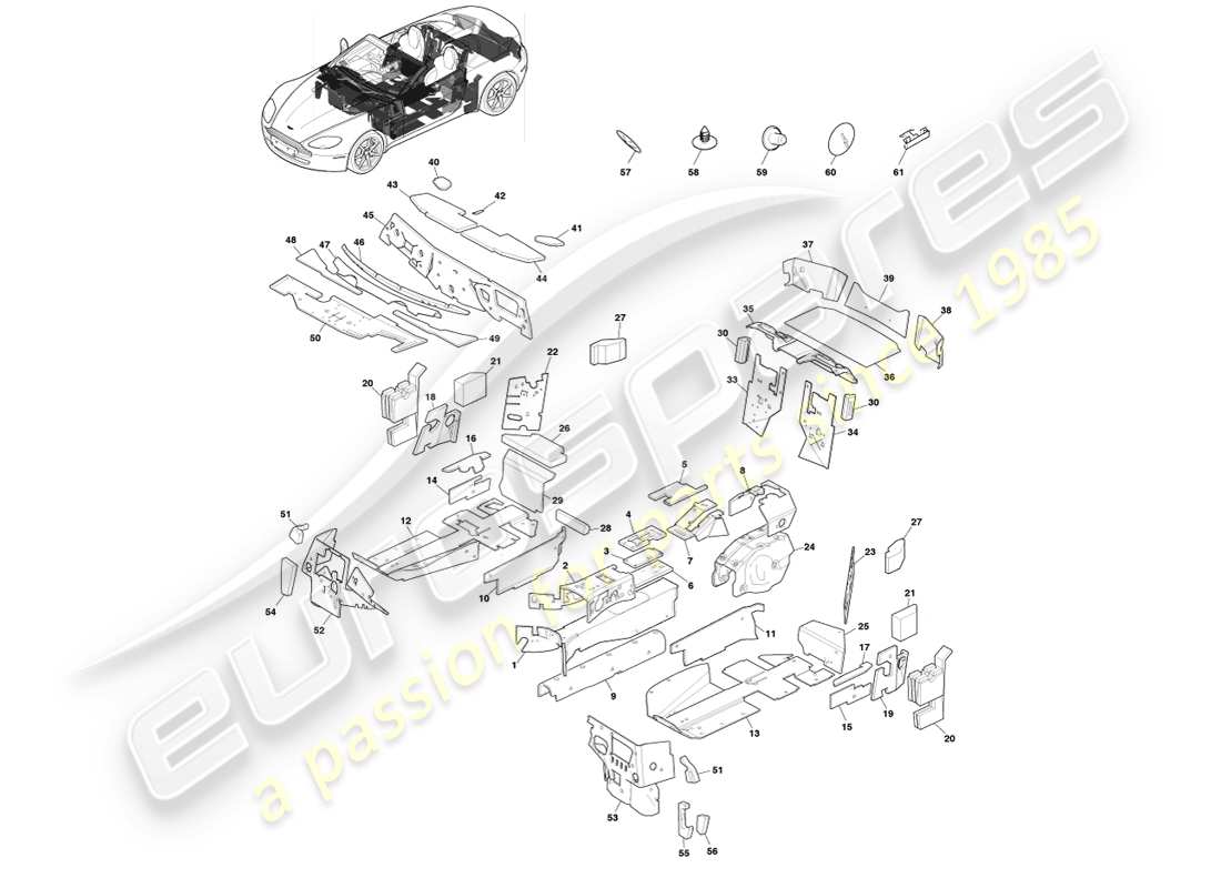 aston martin v8 vantage (2007) isolation de carrosserie, roadster, 14my diagramme de pièce