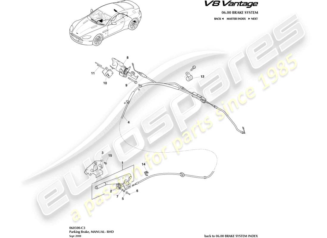 aston martin v8 vantage (2010) frein de stationnement, diagramme de pièces rhd