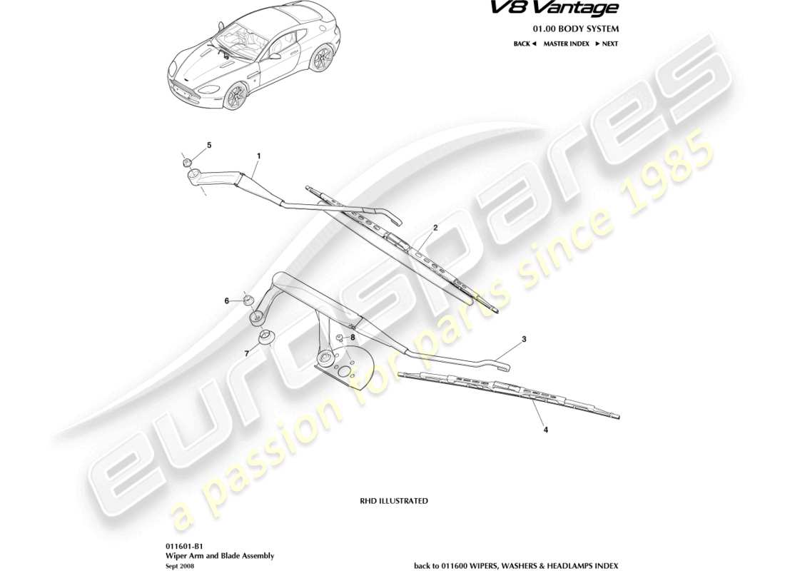 aston martin v8 vantage (2014) schéma des pièces d'assemblage de la lame wper
