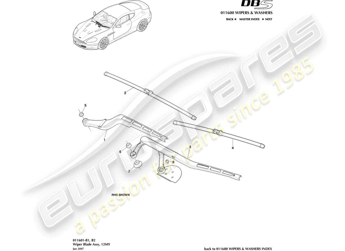 aston martin dbs (2010) ensemble balai d'essuie-glace, 12my diagramme de pièces